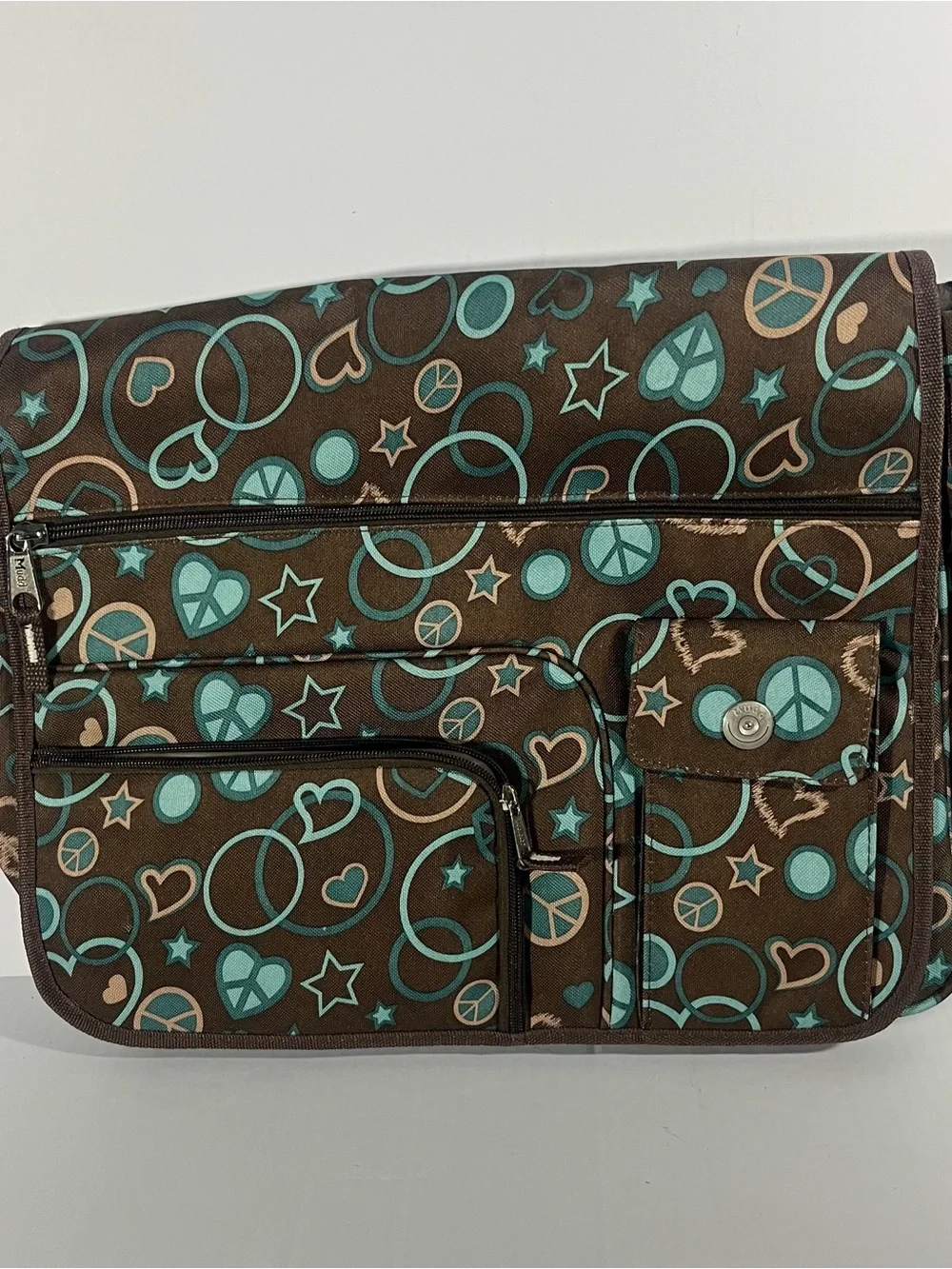 Mudd Brown Canvas Laptop Crossbody with Teal & Tan Peace Print